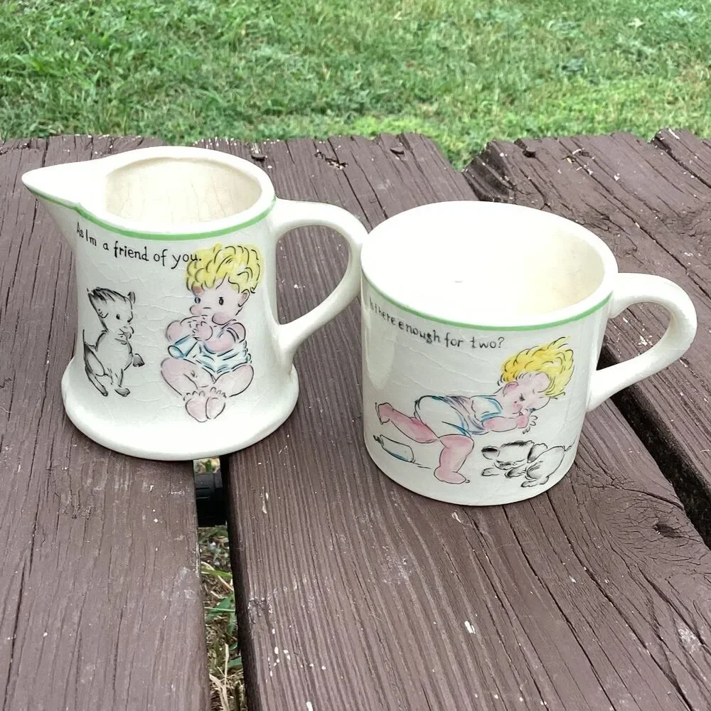 Royal‎ Trio Creamer and Mug Set Hand Decorated Boy Dog Vintage Collectible